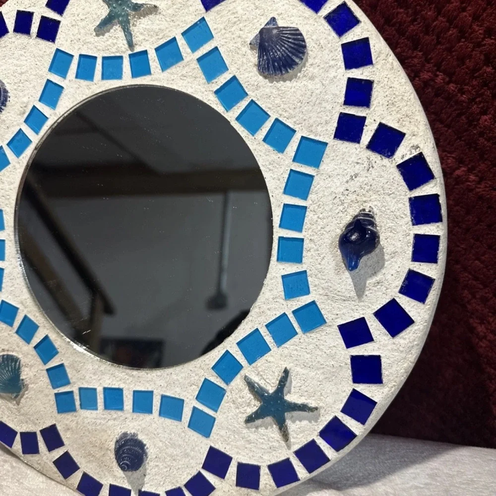 Coastal Mosaic Mirror Seashell Starfish Blue Tile Beach Decor Round Wall Art 12”